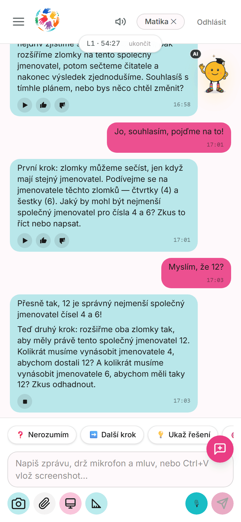 Chat s Doučíkem — vysvětlování sčítání zlomků krok po kroku