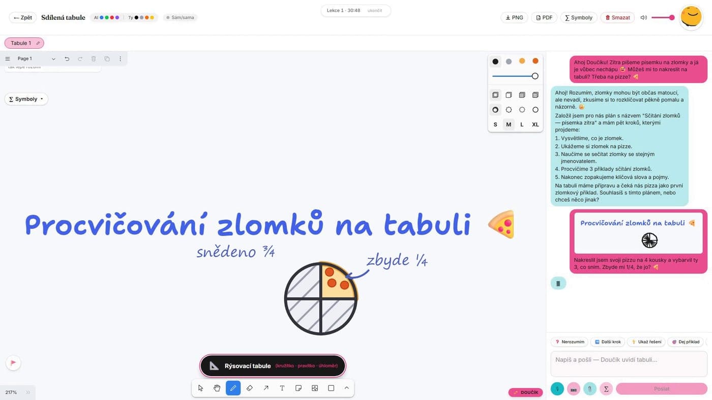 Doučík na počítači — celá obrazovka se společnou tabulí a chatem
